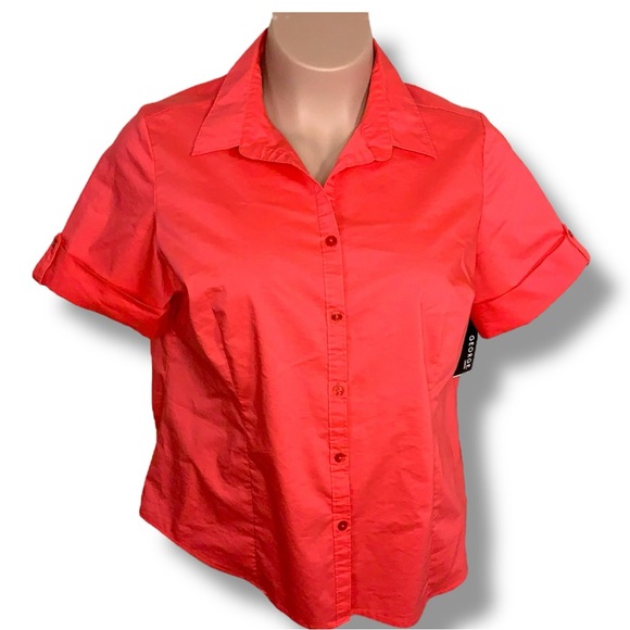 New XL George Coral Red/orange Button Up Top Women’s Cuffed Short Sleeve Stretch - Picture 1 of 15